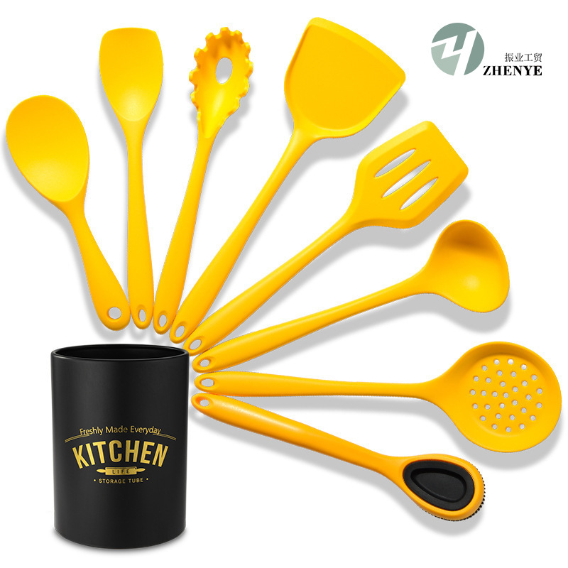 Picture of New Chinese Yellow All-inclusive Silicone 8-piece Kitchen Tools Kitchenware Set Cooking Shovel Spoon Stir-frying Shovel with Storage Bucket