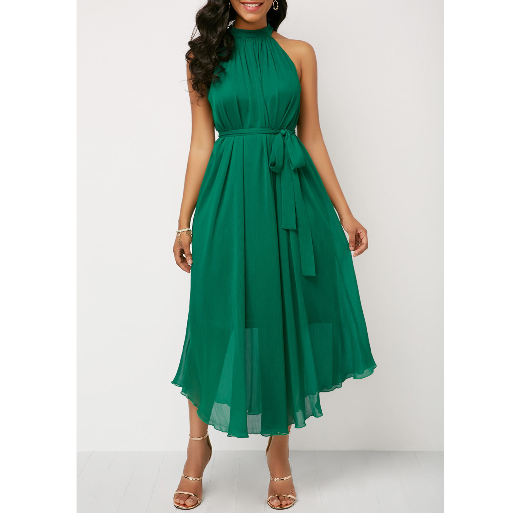 European and American spring and summer neck off-shoulder chiffon pleated dress plus size brand women's cross-border supply