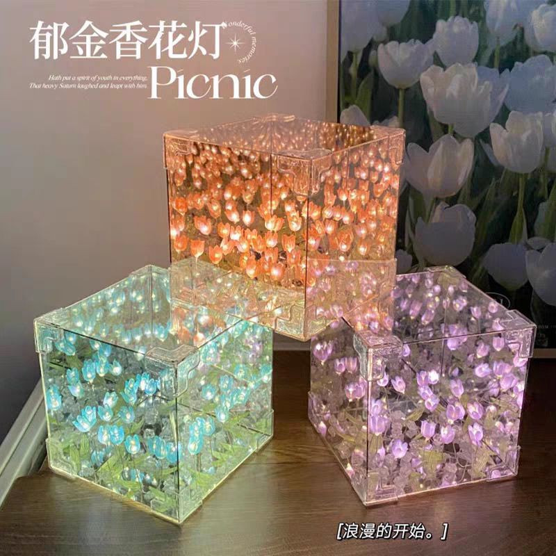 Trendy Popular Tulip Night Light Handmade DIY Creative Cube 3D Flower Ocean Atmosphere Lamp Event Small Gift