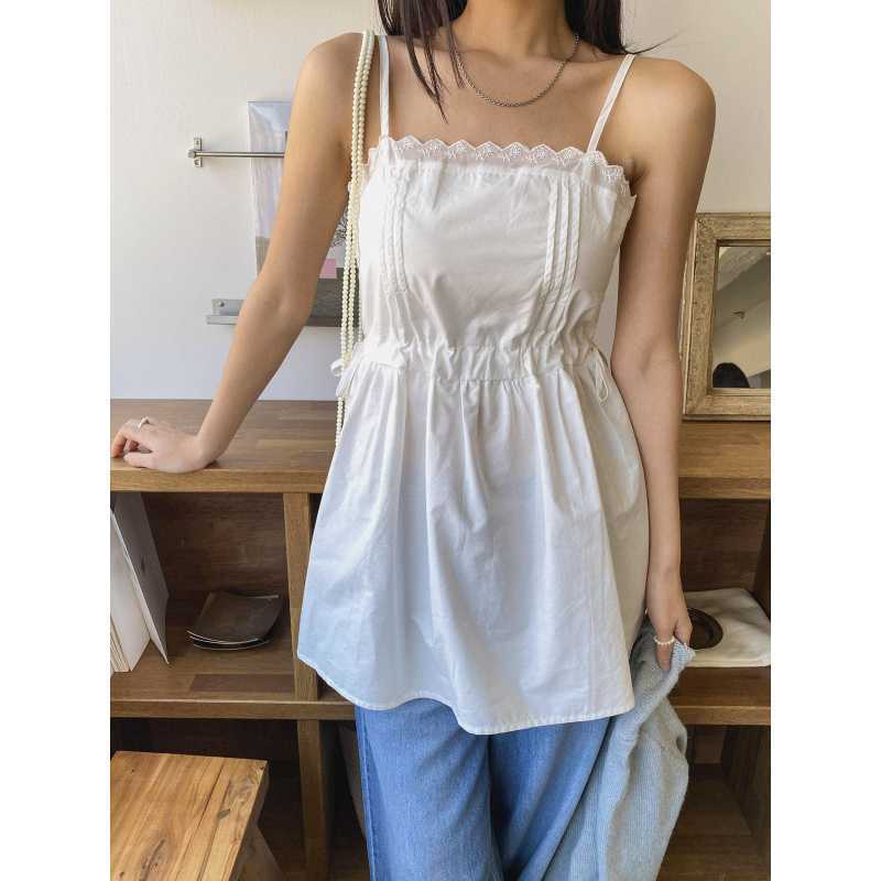Summer Korean Style Age-Reducing Lace Splicing Drawstring Waist Vest Suspender Dress Short Skirt