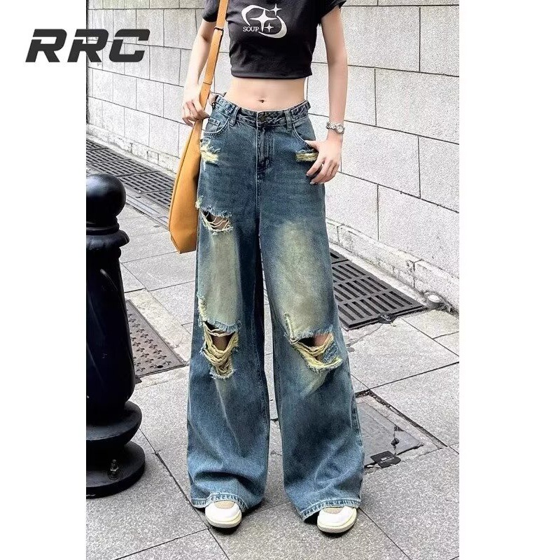 Cross-border American Retro Ripped Jeans Women's High Waist Straight Loose Slimming Design High Street Wide Leg Floor Pants
