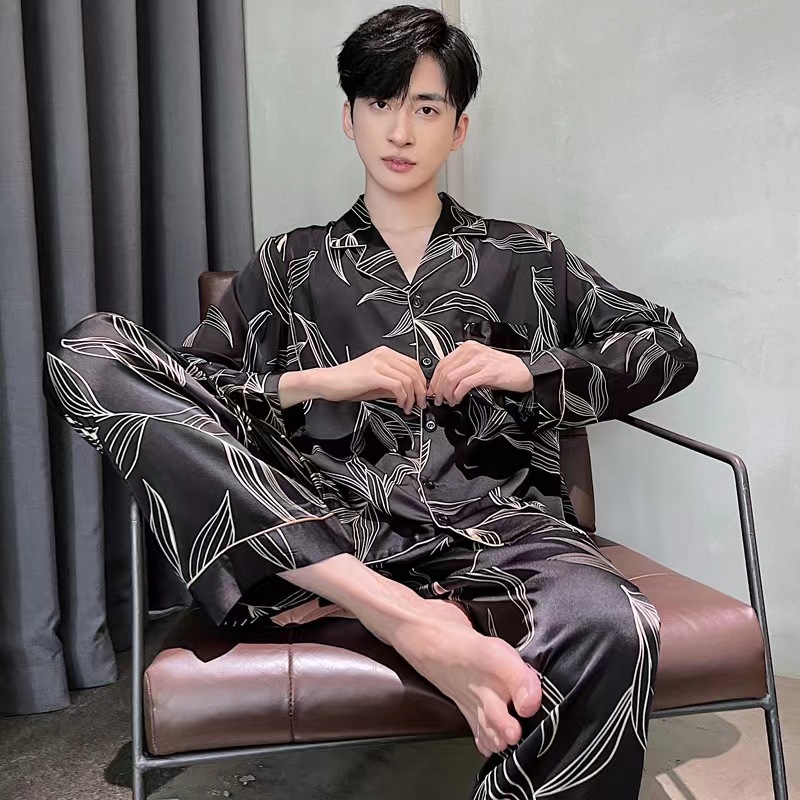 2024 new spring and summer thin silk ice silk pajamas men's Jacquard cardigan long sleeve trousers plus size homewear