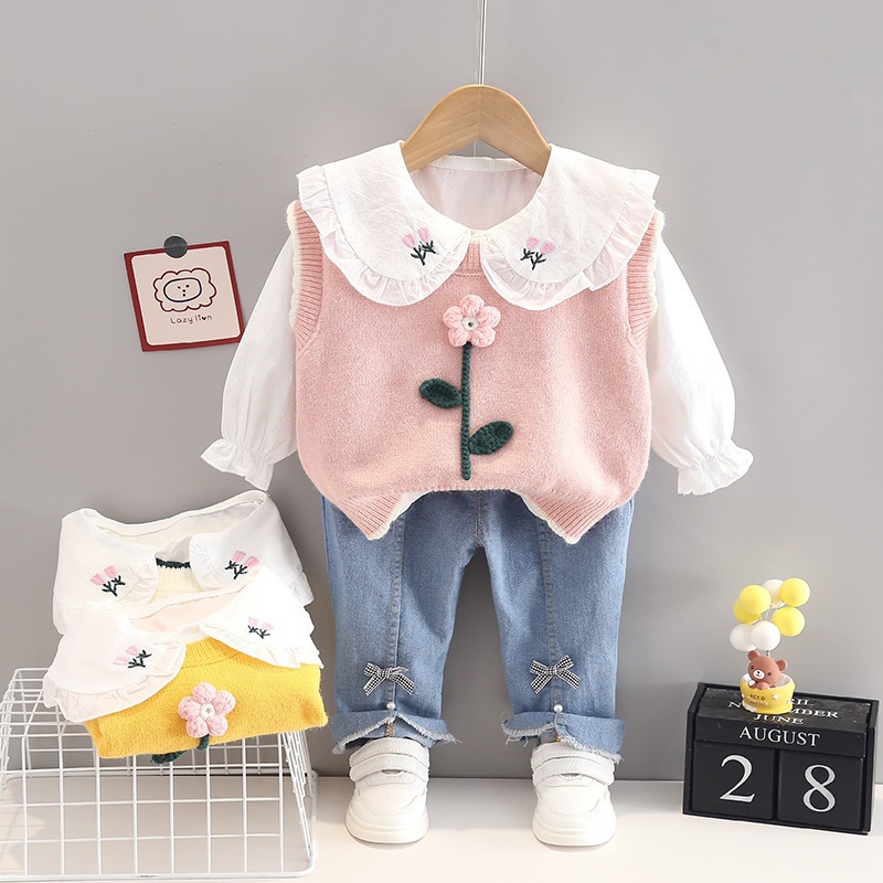 Yikids Sweet Cute Girl Autumn Baby Girl Flower Sweater Vest Cotton Shirt Three-piece Suit