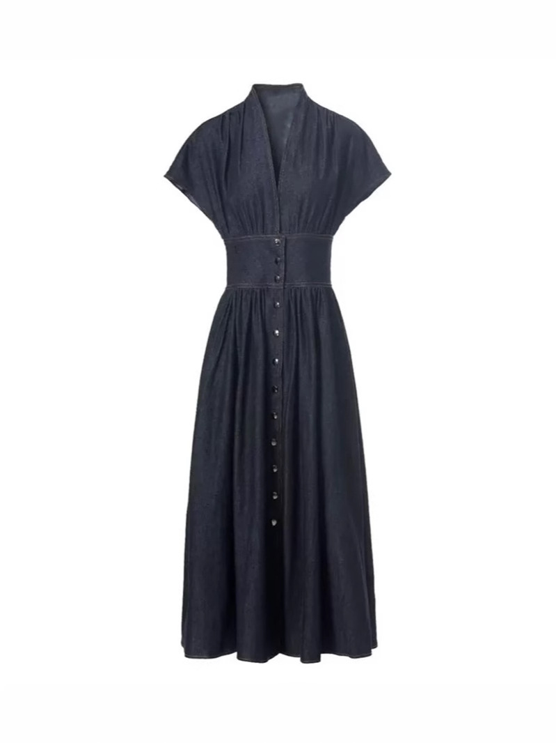 Paris fashion catwalk elegant intellectual artistic temperament simple V-neck waistcoat design waist Denim dress