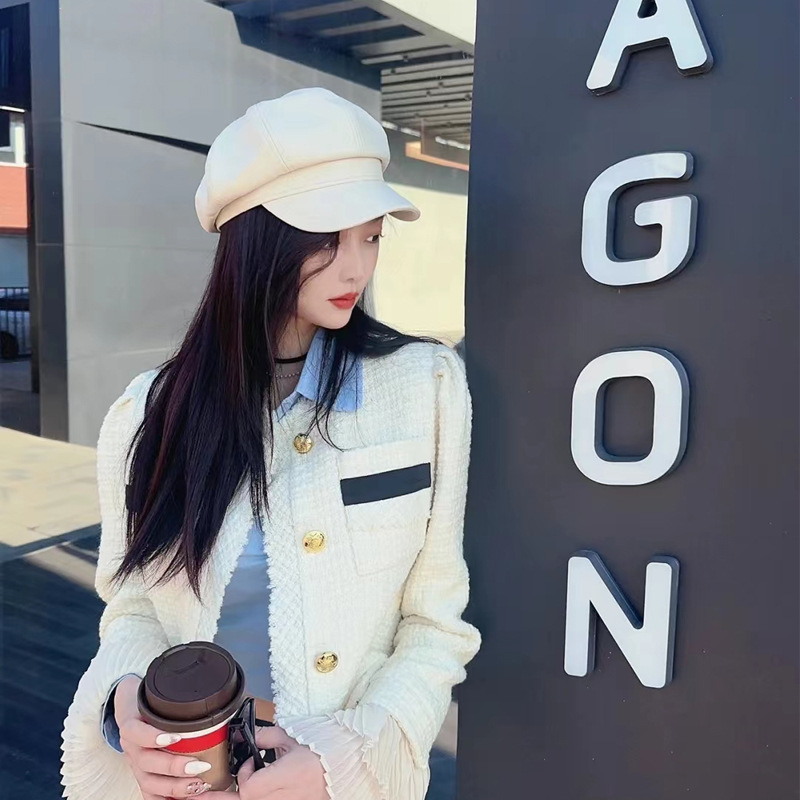 Picture of Korean Leather Beret Women's Autum Korean Style Student Cute Versatile Pu British Style Octagonal Hat Pumpkin Hat
