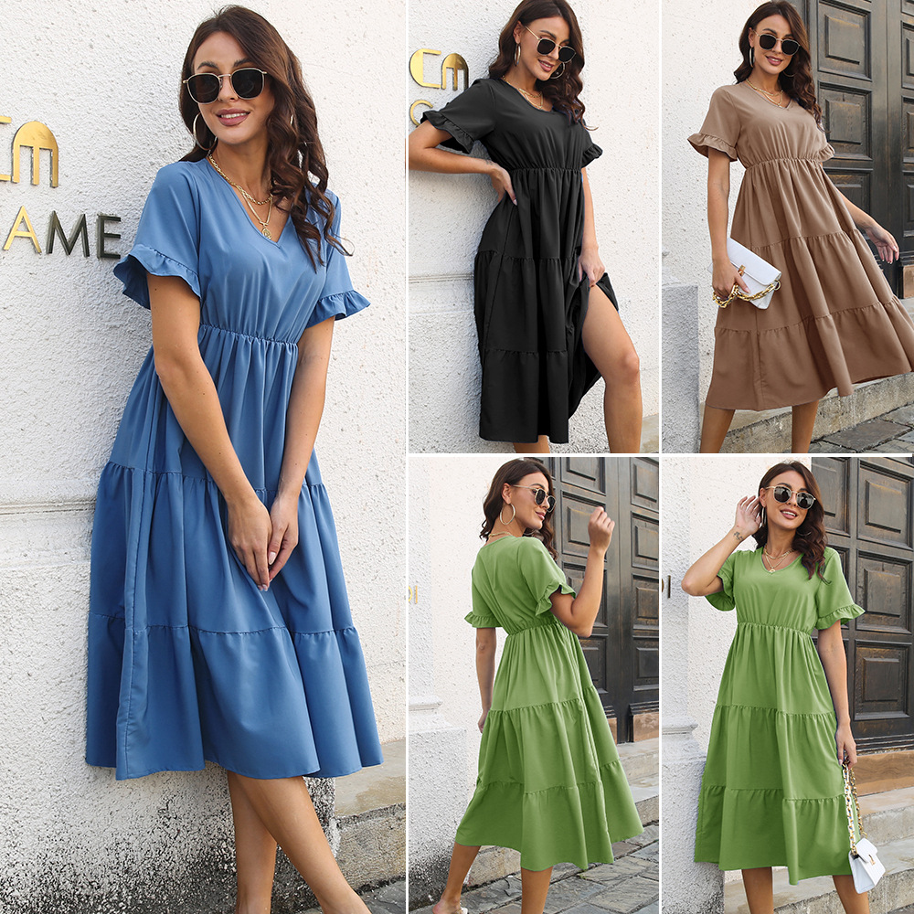 Real shot outer model cross-border ruffled dress V-neck bell sleeve large swing skirt women's summer New mid skirt