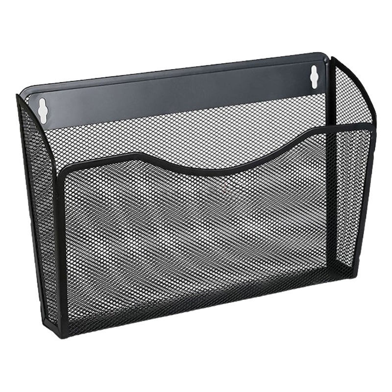 Metal File storage basket wall-mounted iron hanging basket file holder quick-work rack single layer hollow mesh black and silver