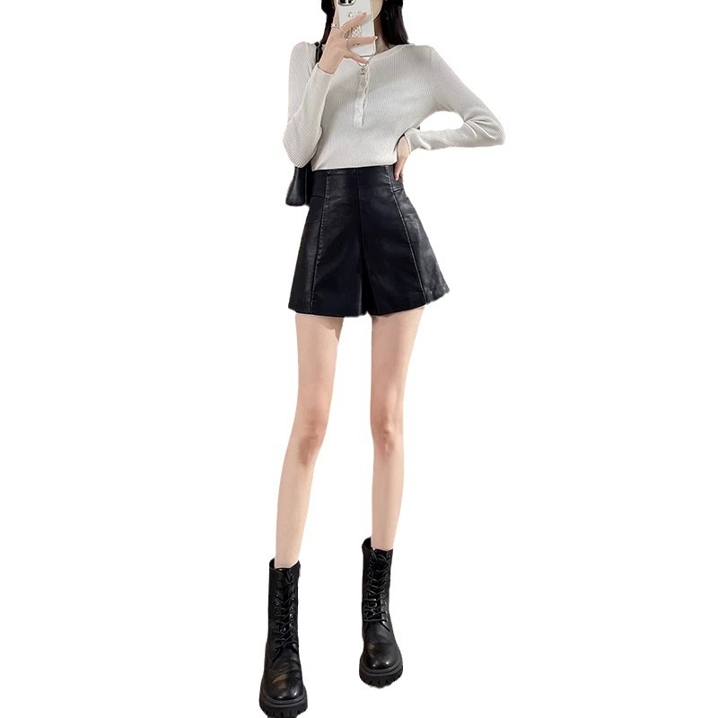 Picture of High waist leather shorts for women 2023 new popular autumn and winter A- line spring and autumn slimming pu wide leg outer wear black boot pants