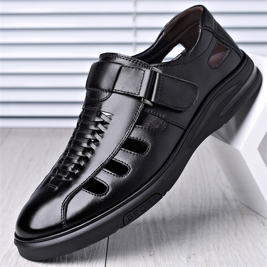 Men's Sandals Summer New Hollow Men's Shoes Beach Shoes Soft Leather Breathable Leather Shoes Velcro