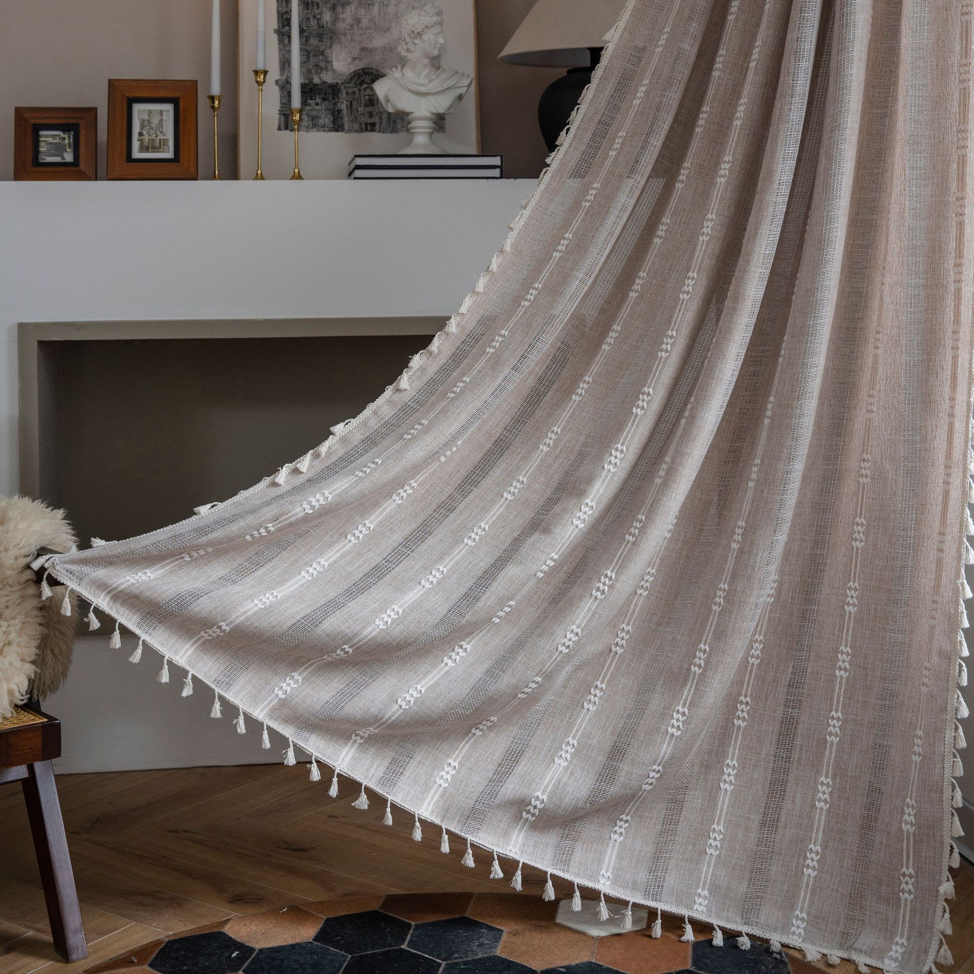 Picture of Yuman Qiyun Curtain Finished Green Plain Stripe Embroidered Curtain Semi-Shaded Hollow Kitchen Living Room Window Curtain