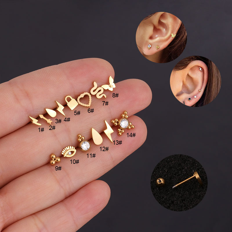 Korean style mini pure steel stud earrings personalized lightning men's and women's earrings stainless steel screw ear bone stud fashion jewelry
