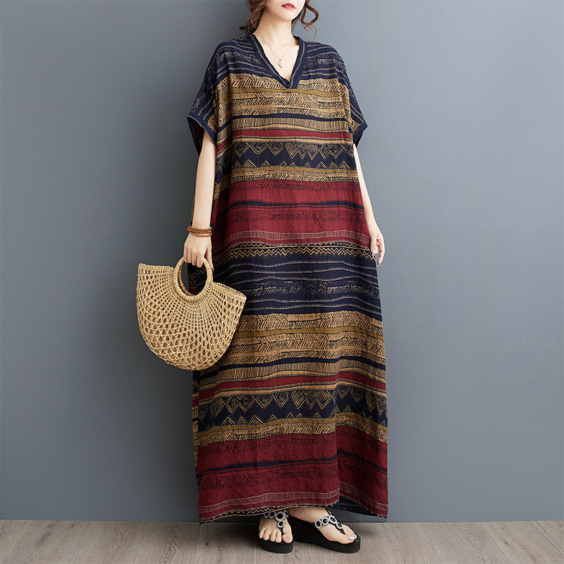 Foreign Trade dress Summer New Cotton and Linen Printing V-neck Loose plus size Simple Holiday Style Color-matching Long Dress for Women