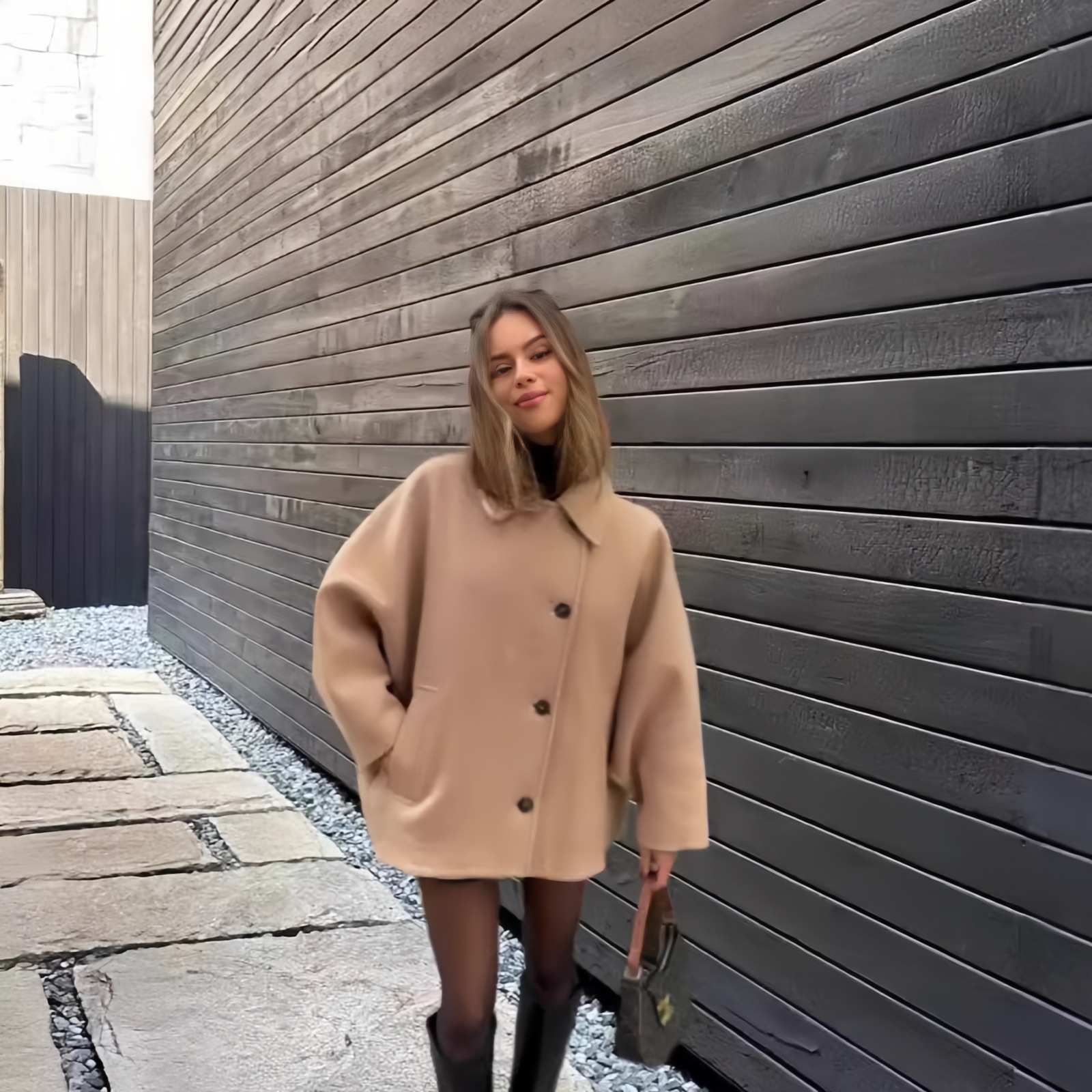 Original Niche Design Women's Coat Hot Style Design Oblique Button Loose Woolen Women's Coat