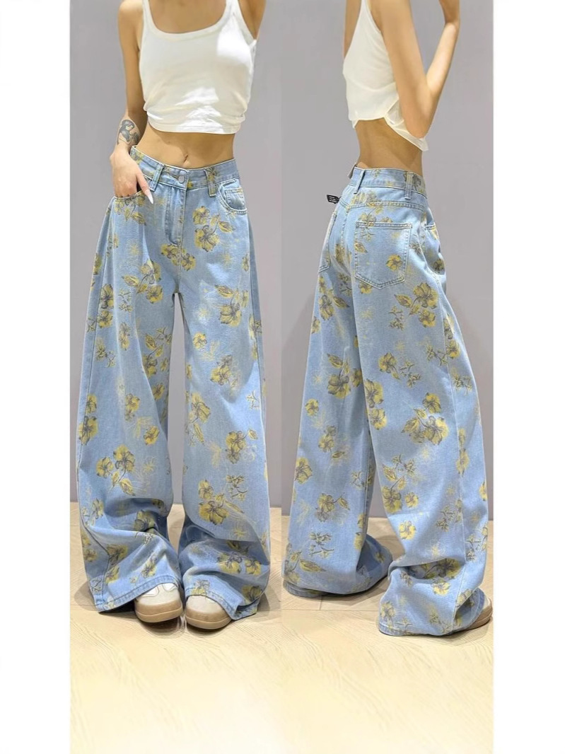 Yellow Floral Straight-Leg Jeans for Women, Summer Thin Style, 2025 New Slimming Wide-Leg Loose Design Pants for Women