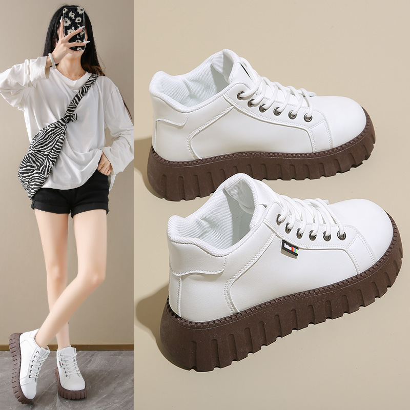 Autumn 2024 New Ankle Boots Ins Korean Style White Shoes Female Students Thick Sole High Top Casual Shoes Leather Shoes KT2288