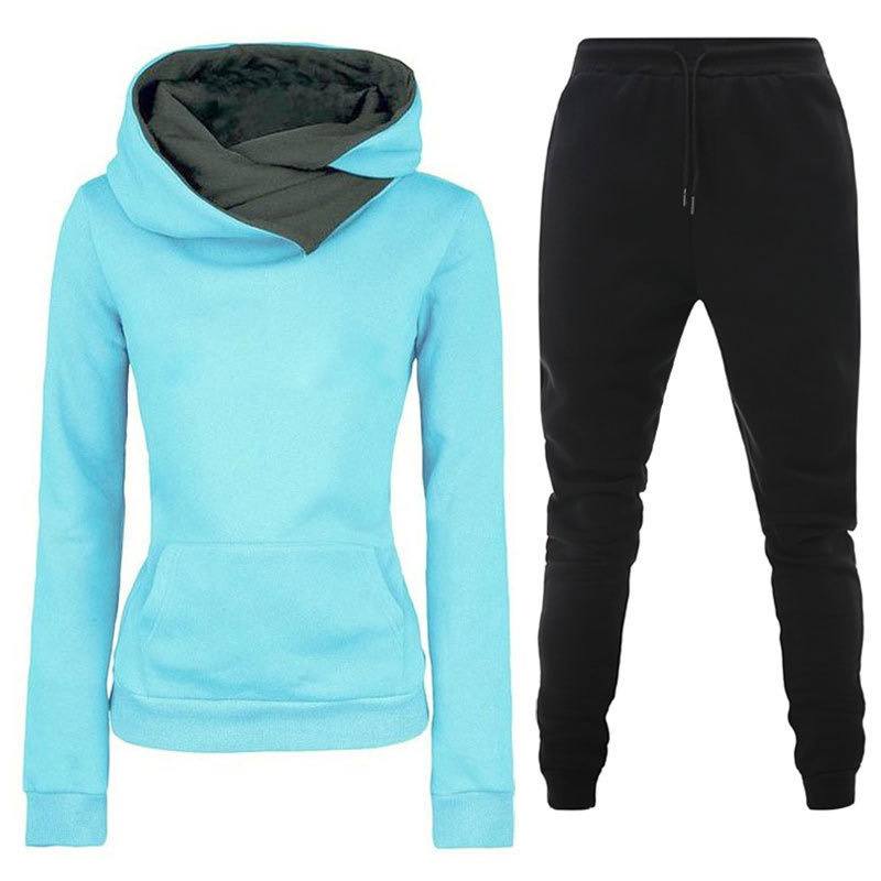 Cross-border autumn and winter thickened fleece casual sportswear solid color women's irregular hoodie sweatshirt sweatpants suit