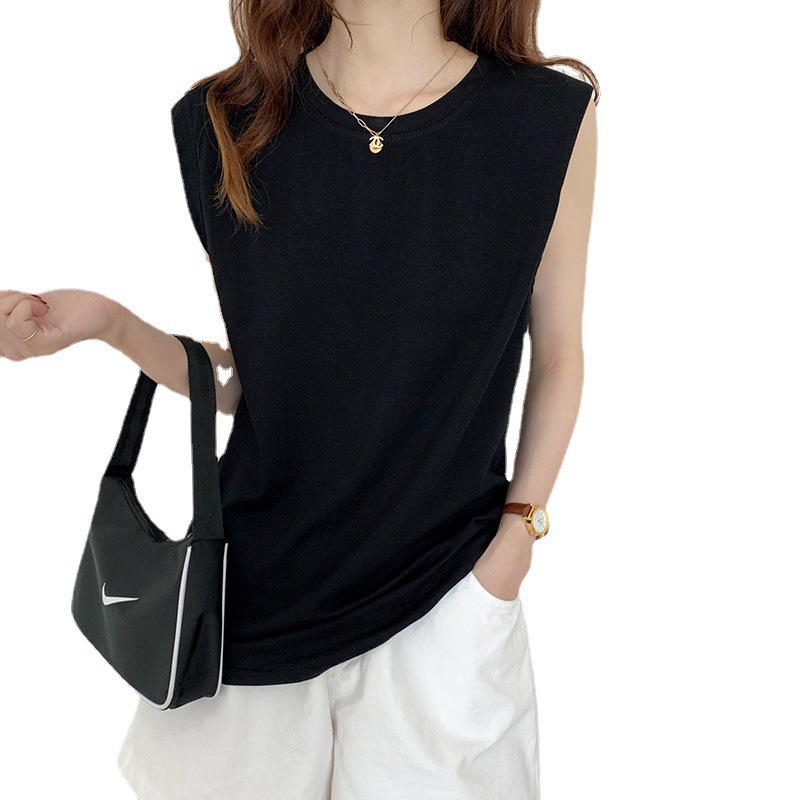 Picture of White Sleeveless T-Shirt for Women Loose 2025 Summer New Fashion Black Vest T-Shirt Student Top Outer Wear Ins