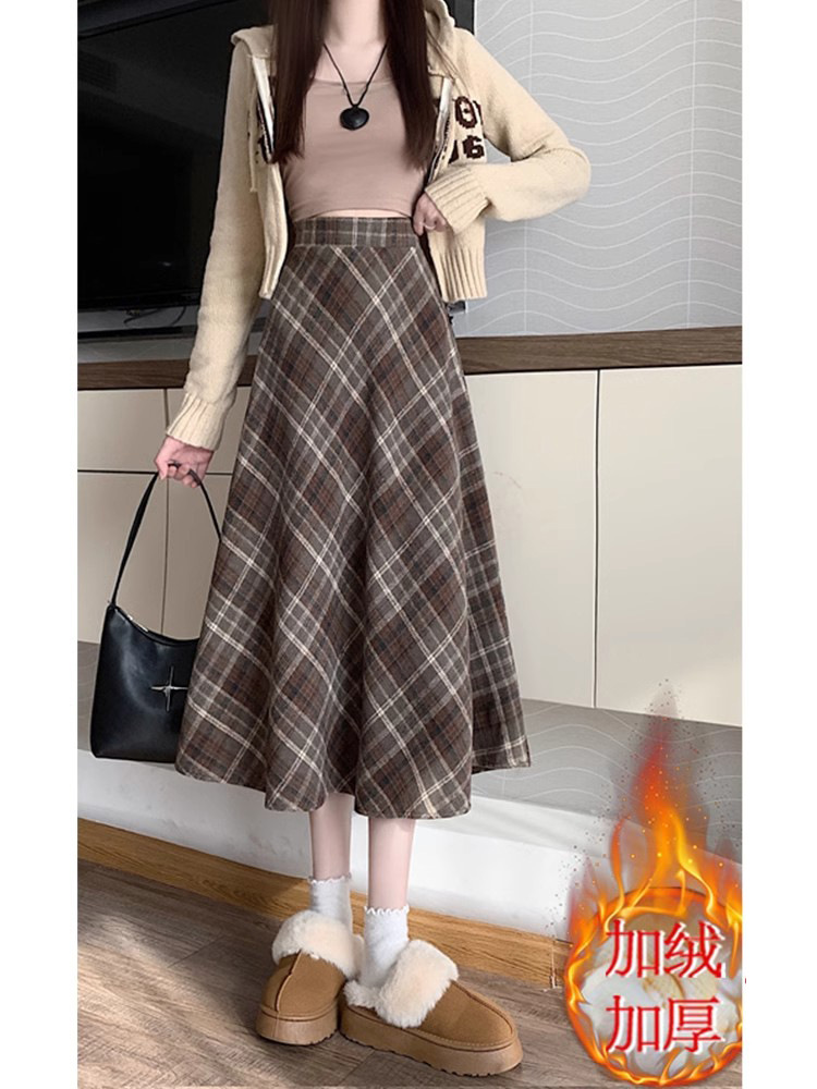 2025 autumn and winter new high waist slimming overskirt a long umbrella skirt brown wool plaid skirt women