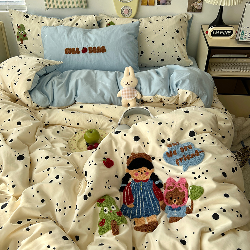 Class A Maternal and Infant Grade Bedding Four-piece Set Pure Cotton Washed Cotton Bed Sheet Quilt Cover Bed Hat Student Dormitory Three-piece Set