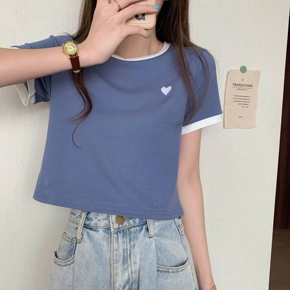 Korean style slim fit summer sweet and spicy bm style short niche design contrast color love short short sleeve round neck T-shirt top