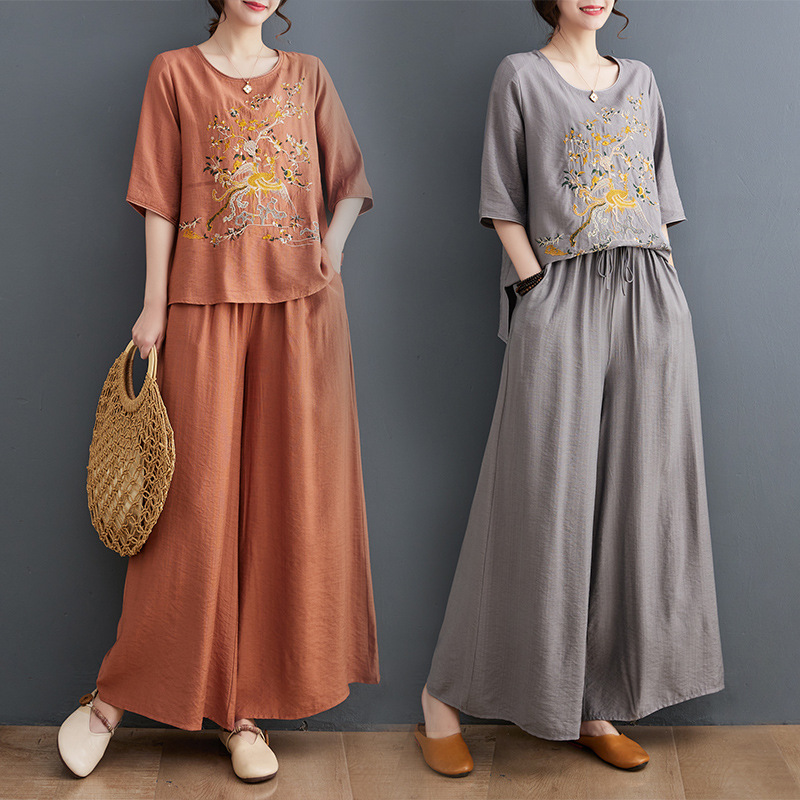 2023 Summer New Style Simple Chinese Style Artistic Embroidered Top with Loose Waist Wide Leg Trousers Two-Piece Set for Women
