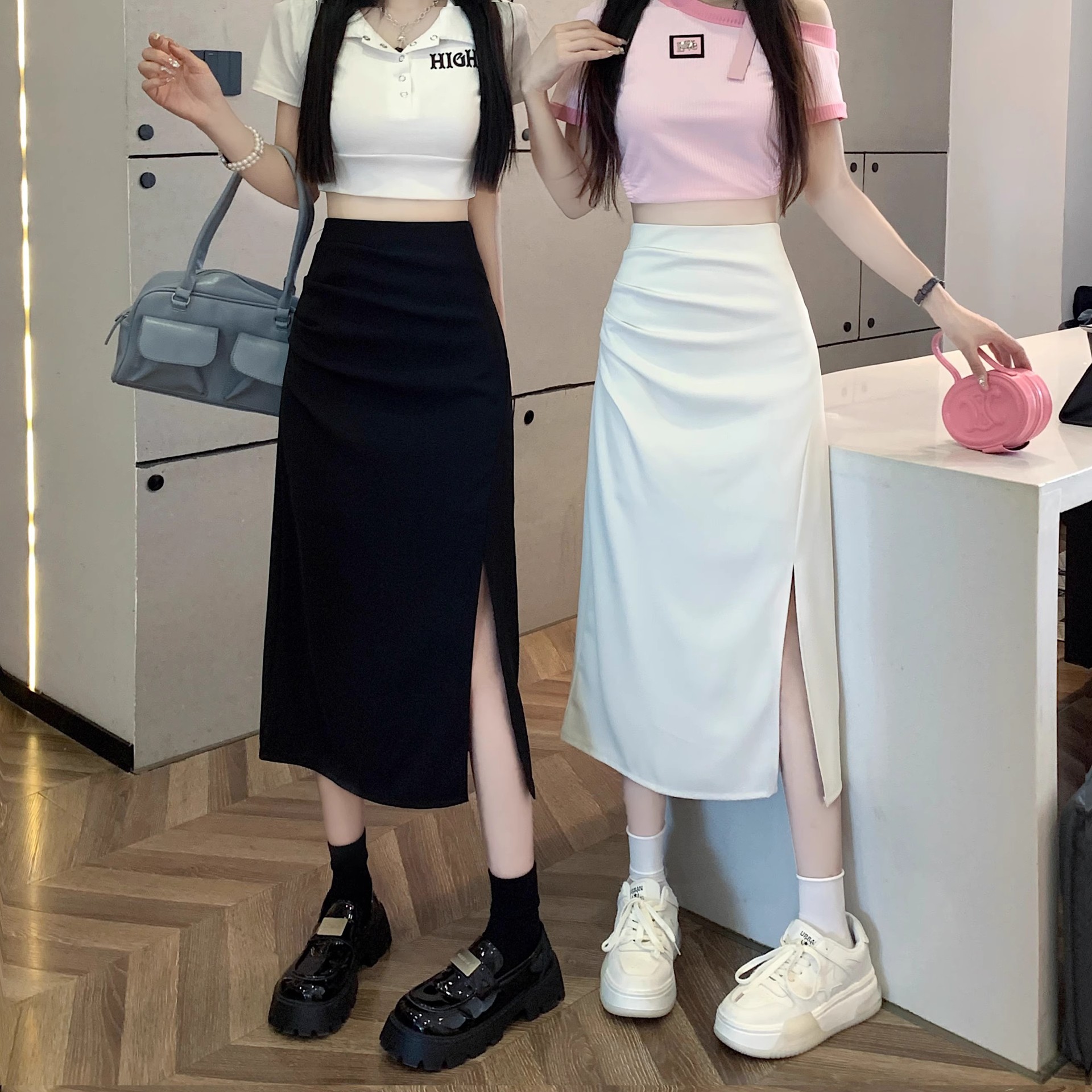 Temperament Chiffon Suit Skirt Women's Summer Design Slit A-Line Mid-Length Skirt Pleated High-Waisted One-Step Hip Skirt