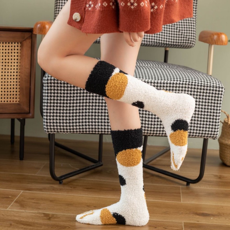 Autumn and Winter New Striped Cat Paw Calf Socks Cross-Border Women's Socks Thickened Warm Coral Fleece Women's Socks Home Floor Socks Women