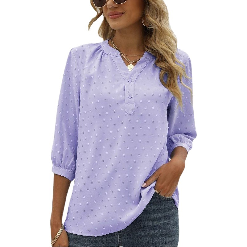 Cross-border European and American Women's Clothing Amazon Spring and Summer New Stand Collar Mid-sleeve Shirt Jacquard Fur Ball Casual Loose Top