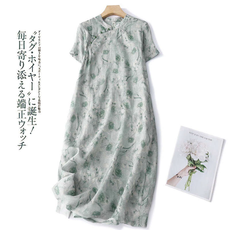 Actual Shot of 2024 Chinese Style Summer New Short-Sleeved Retro Design A-Line Cotton and Linen Elegant Dress Fat mm Plus Size Women's Clothing