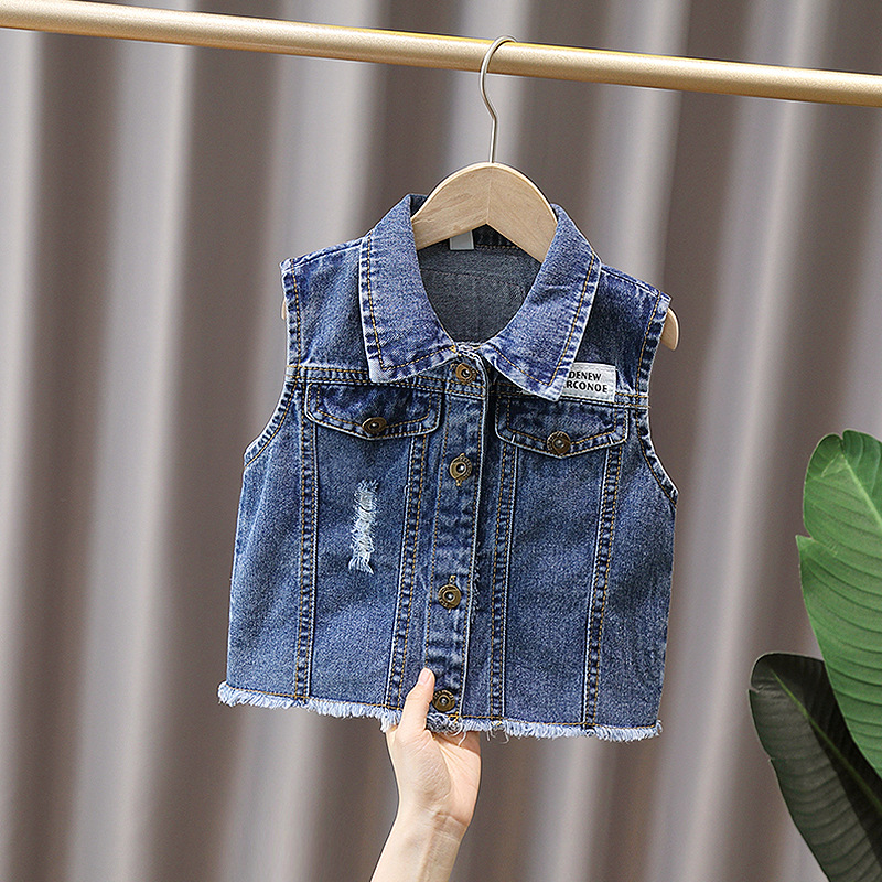 Boys and Girls White Label Letter Vest Denim Clothes Spring and Autumn Casual Children Sleeveless Fur-edged Jacket Jacket