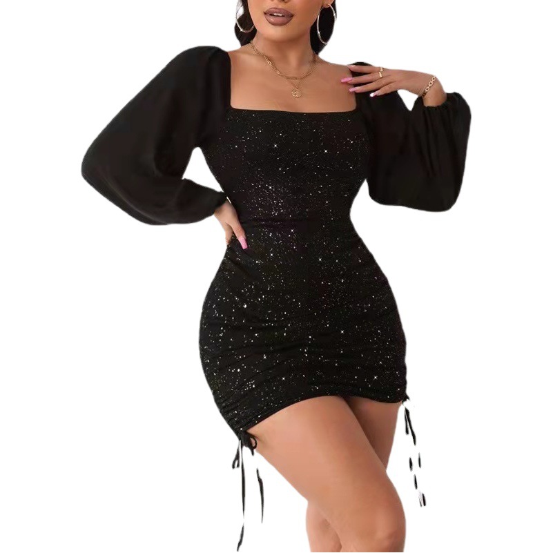 2023 European and American Cross-border New Women's Clothing Amazon Elegant Sexy Slim-fit Gold Hip Drawstring Square Collar Dress