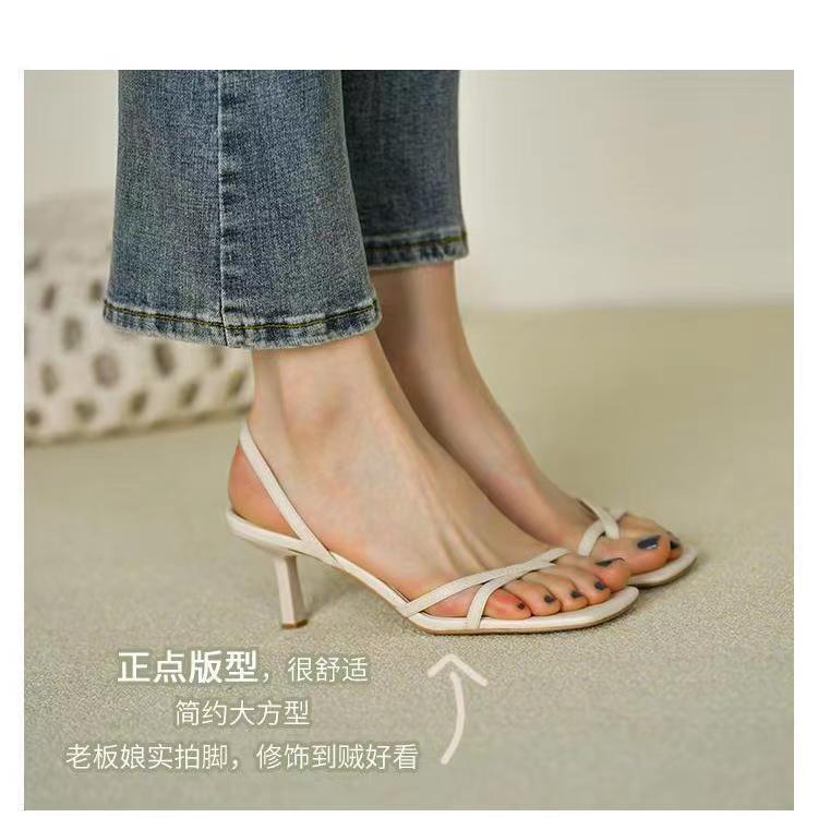 2024 Summer Korean Style All-match Thin Heel Slip-on High Heel Sandals Square Toe Fashionable All-match Comfortable