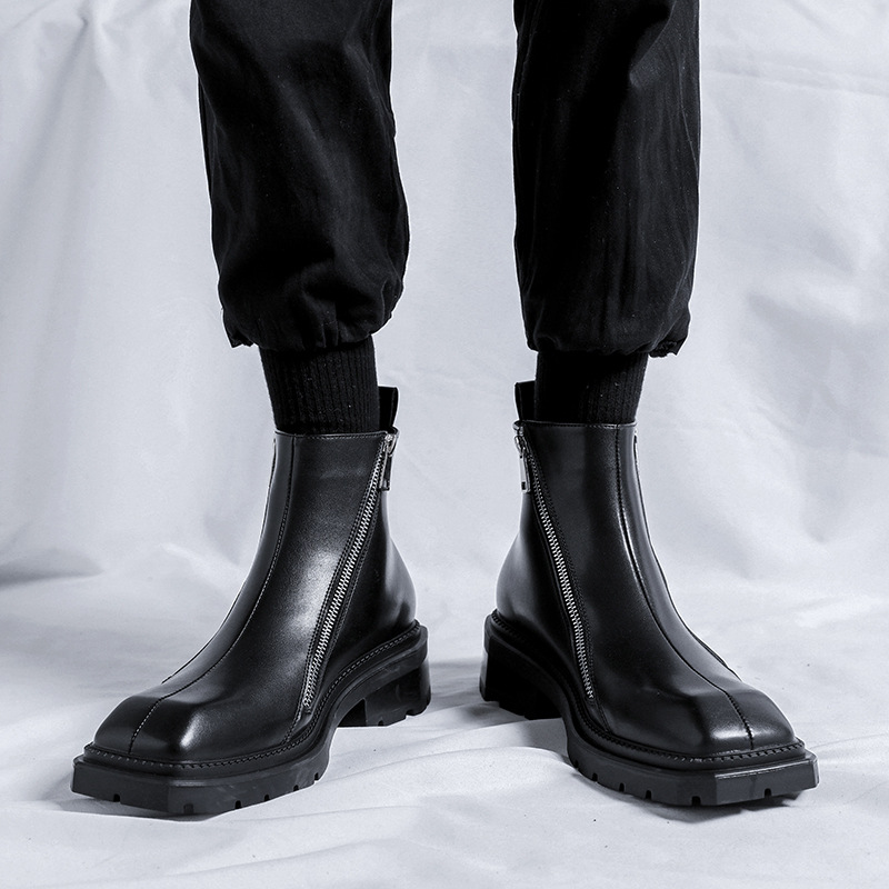 Chelsea Boots Square Toe Shoes British Style Black Mid-Top Ankle Boots Double-Side Zipper Martin Boots Trend 4512-R