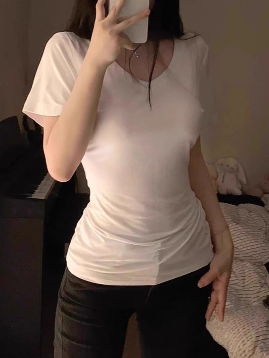 Picture of Super Slim Summer Dipping Sense Shoulder Tight Waist V-Neck Short Sleeve Top Base Good Wear Beware Spice Girls T-Shirt Women