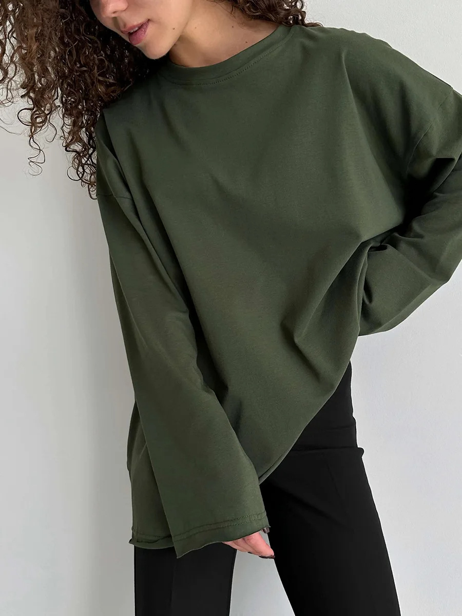 European and American Pure Cotton T-Shirt Women's 2024 Spring New Loose Pure Color Round Neck Long-Sleeved T-Shirt Guiyakecool