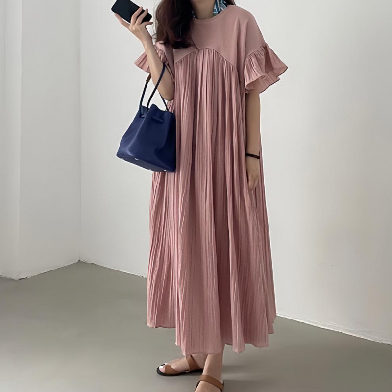 2025 New Summer Style Lotte Japanese and Korean Loose Lazy Style Pleated Splicing Long Dress for Women