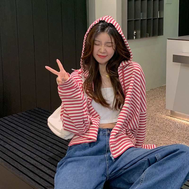 2024 Early Spring Autumn Winter Student Striped Hooded Sweater Ins Jacket Loose Zipper Short Long Sleeve Top