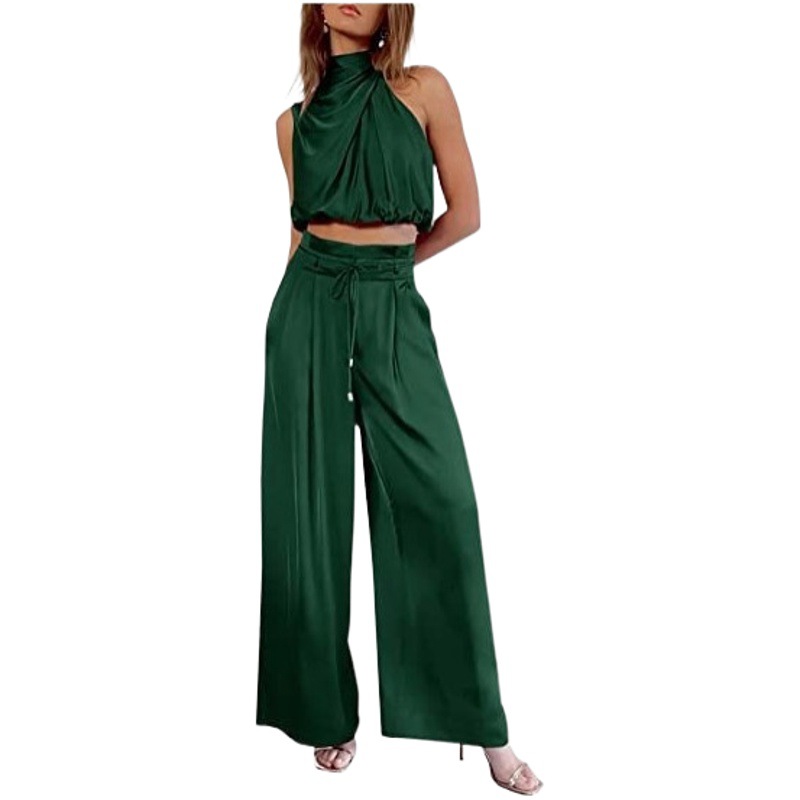 Women's 2-piece set suit 2023 summer casual sleeveless collar navel top wide leg pants suit