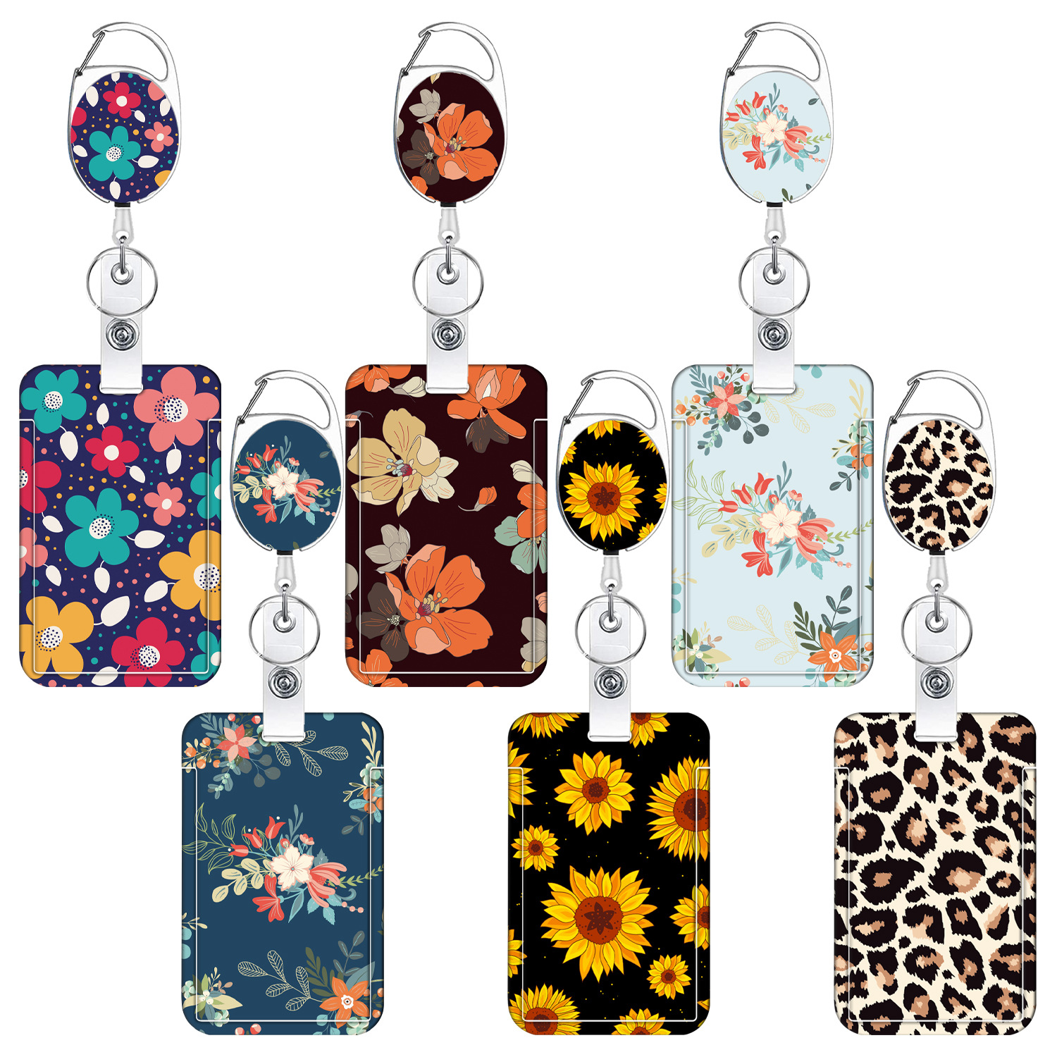 Oval zinc alloy sunflower easy-pull buckle easy-pull polyester five-petal flower lanyard PVC leopard print card holder
