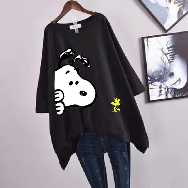 Picture of 100kg Plus Size Women's Summer Leaf Print Casual Slit Mid-Length Short Sleeve T-Shirt Loose Oversized Style