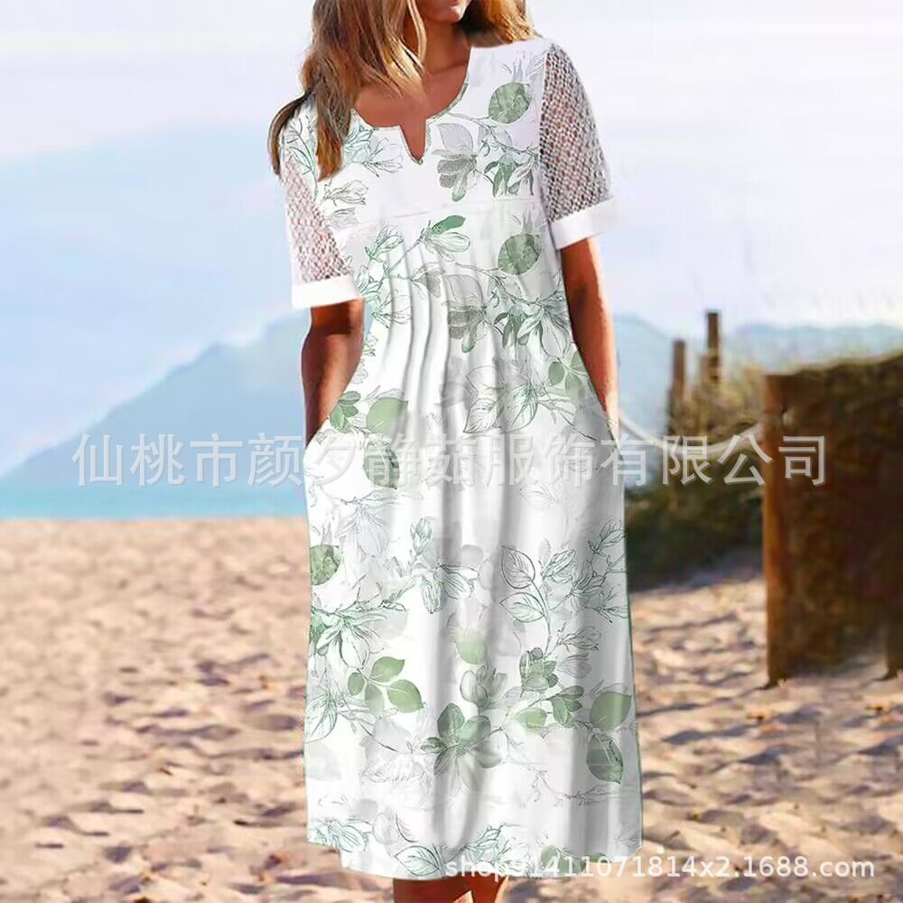 2023 Spring and Summer New Fashion V-Neck Printed Short-Sleeved dress Slim-Fit Slimming Skirt
