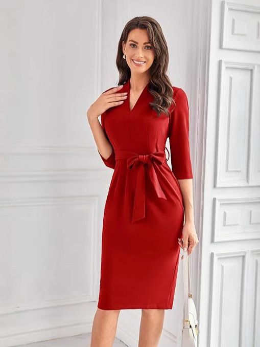 European and American Cross-Border New Foreign Trade Belt Work Dress V-Neck Three-Quarter Sleeves Back Zipper Women's Pocket Dress