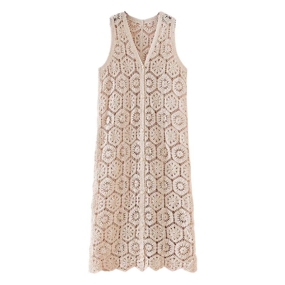 European and American style crocheted hollow vest long shawl women's V-neck heavy-duty knitted retro artistic sleeveless cardigan outer wear