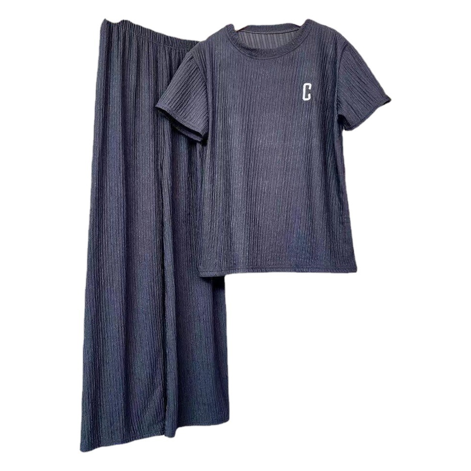 Qianqianye C Letter Embroidered Pants Set Ice Silk Pleated Solid Color Casual Loose Loungewear Two-Piece Set