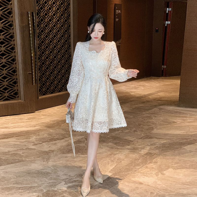 Hepburn Style Mesh Laminated Lace dress High-end Sweet Elegant Socialite's Waist A- Line Birthday Dress