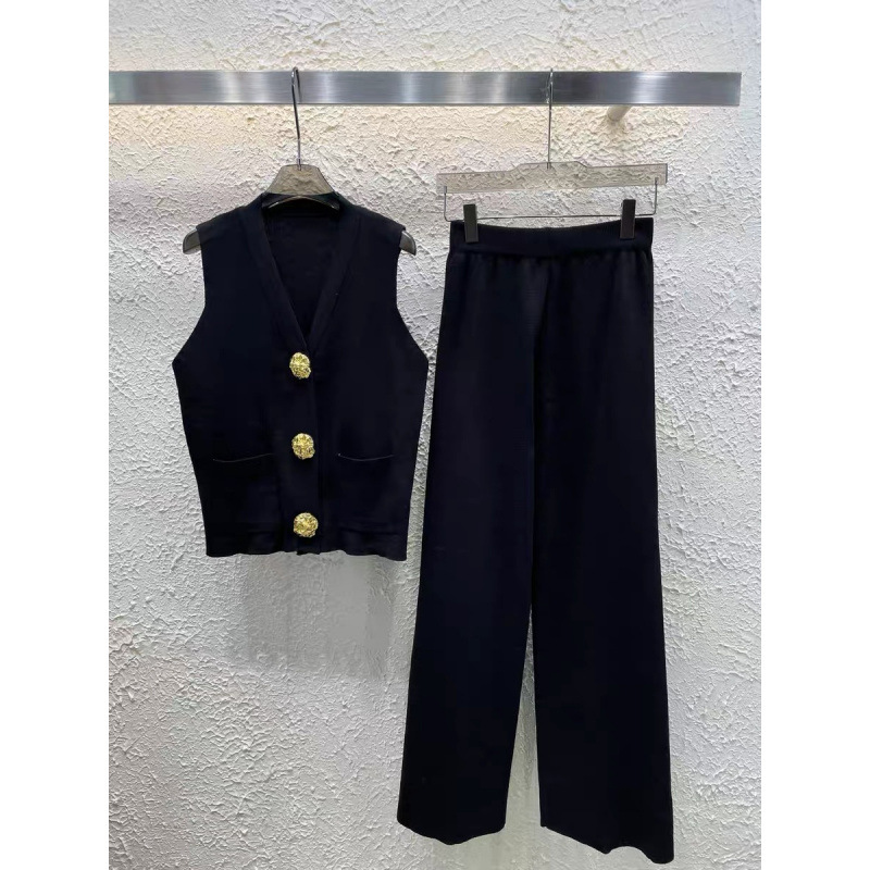 Picture of European Goods Light Luxury Contrast Color Large Gold Button Knitted Cardigan Women's Summer Loose Wide Leg Pants Stylish Fashionable Two-piece Suit Fashion