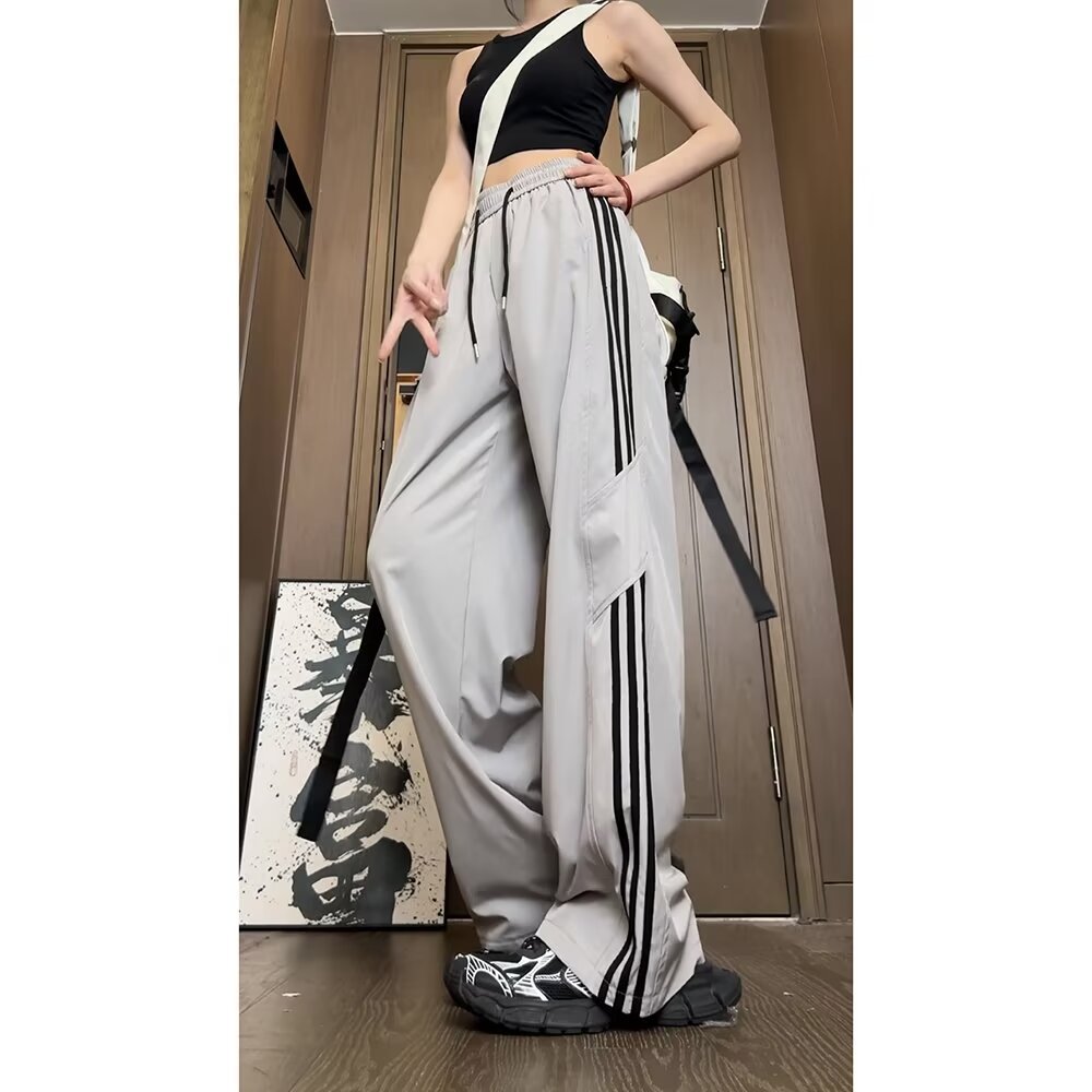 American Retro Personality Street Wide-Leg Pants Harajuku Pocket Thin Striped Casual Pants High-Waisted Loose Cargo Pants for Women