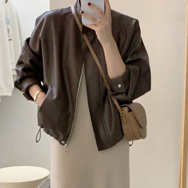 brown Leather Jacket Women's Leather Jacket 2025 New Hong Kong Style Short Motorcycle Popular American Vintage Baseball Suit