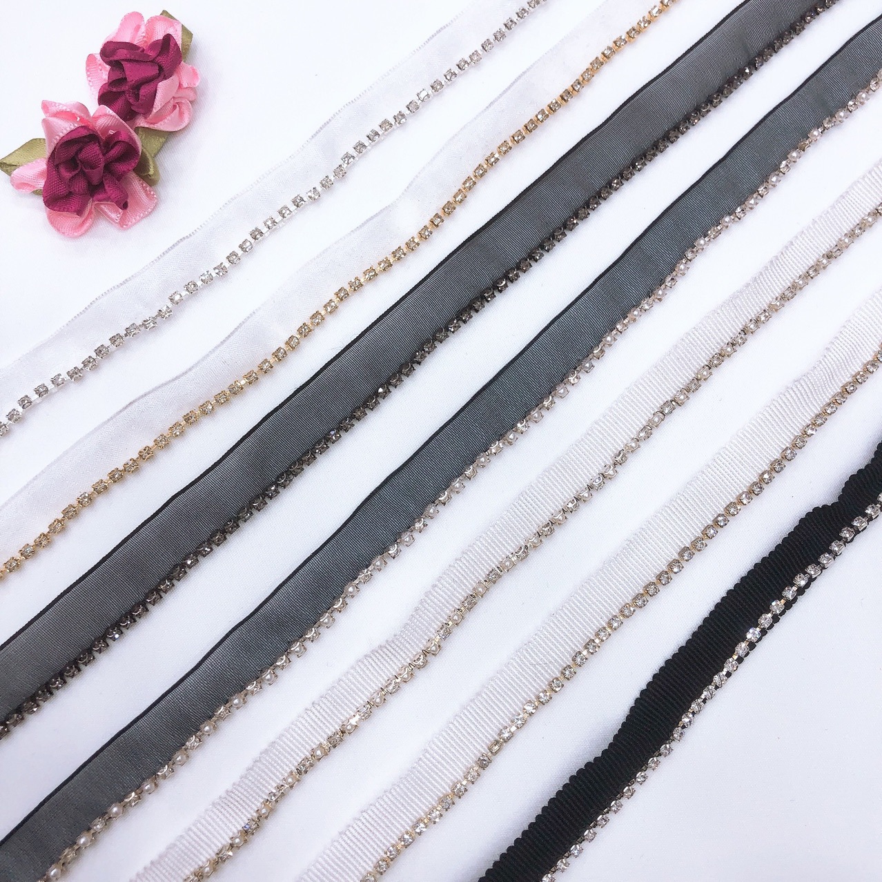 in stock Unilateral Yarn Belt Hat Belt Pearl Rhinestone Chain Ribbon Garment Cuff Collar Accessories Side Side Ribbon