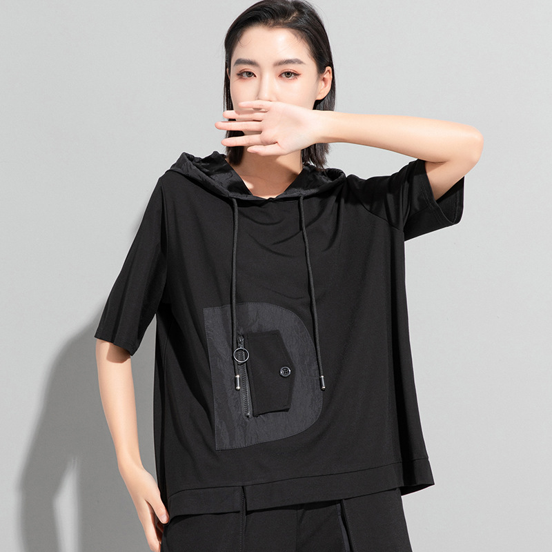 European and American Summer New Women's Fashion Brand Dark Top Personalized Stitching Large Size Hooded Short-sleeved T-shirt for Women